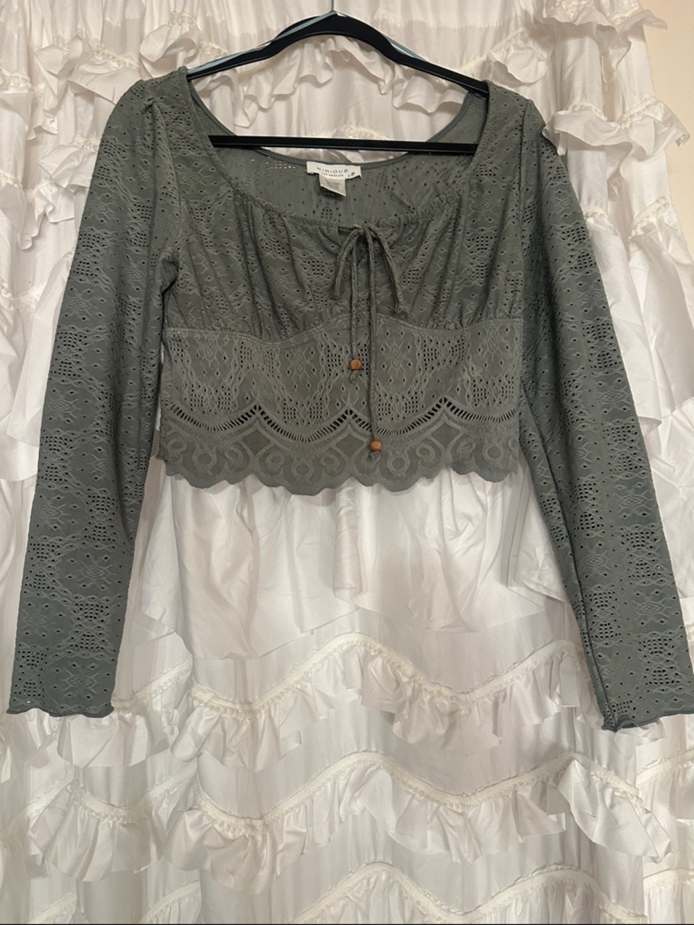 Eyelet Crochet Tie-Front Long Sleeve Crop Top - Sage Green